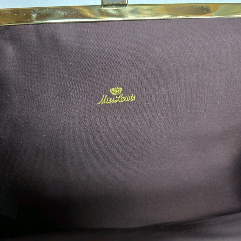 Vintage Miss Lewis Evening Bag Purse Clutch Burgundy Satin Gold Chain Kiss Lock - Picture 10 of 11